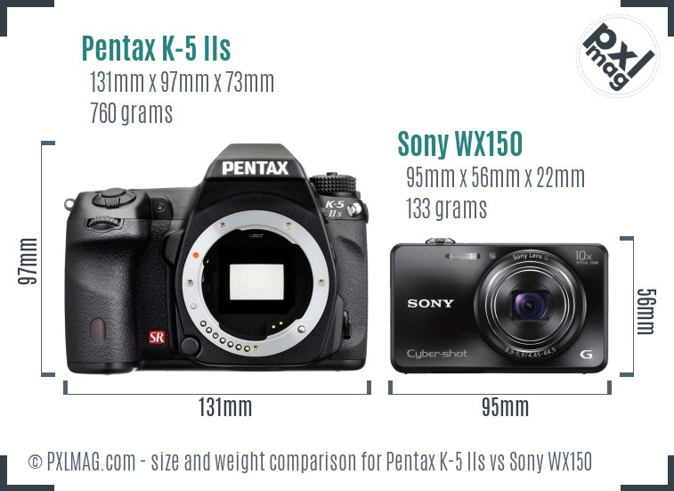 Pentax K-5 IIs vs Sony WX150 size comparison