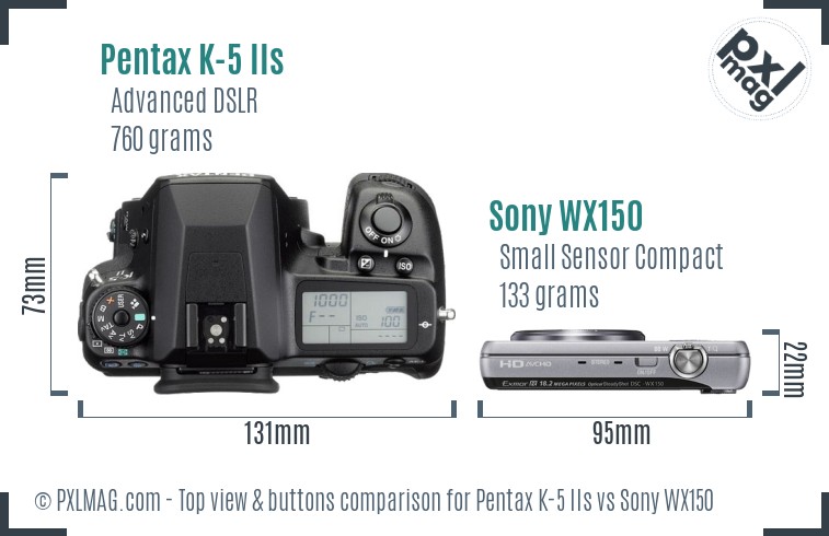 Pentax K-5 IIs vs Sony WX150 top view buttons comparison