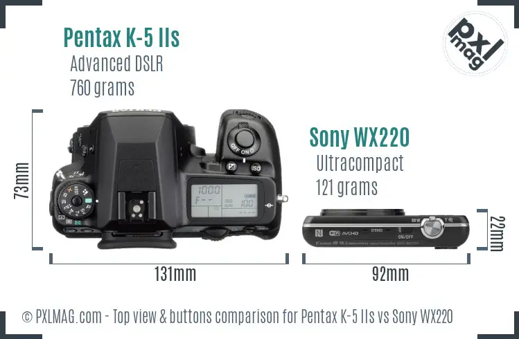 Pentax K-5 IIs vs Sony WX220 top view buttons comparison