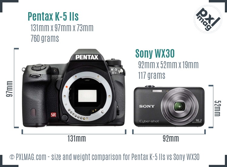 Pentax K-5 IIs vs Sony WX30 size comparison