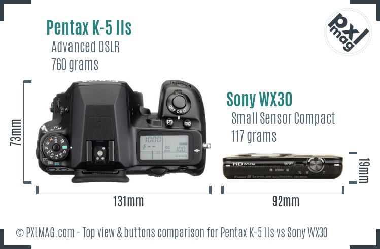 Pentax K-5 IIs vs Sony WX30 top view buttons comparison