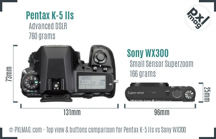 Pentax K-5 IIs vs Sony WX300 top view buttons comparison