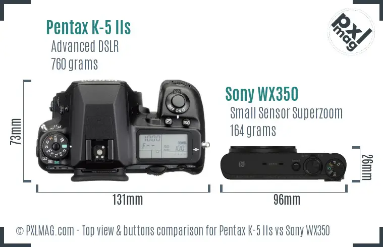 Pentax K-5 IIs vs Sony WX350 top view buttons comparison