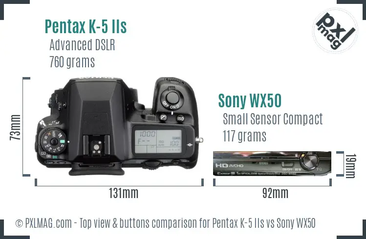 Pentax K-5 IIs vs Sony WX50 top view buttons comparison