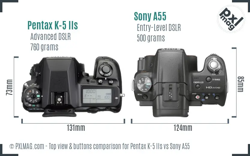 Pentax K-5 IIs vs Sony A55 top view buttons comparison