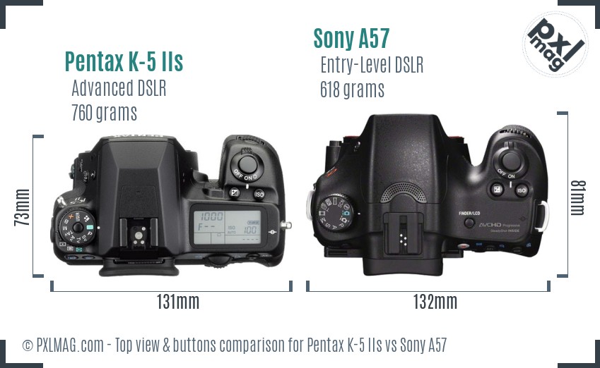 Pentax K-5 IIs vs Sony A57 top view buttons comparison