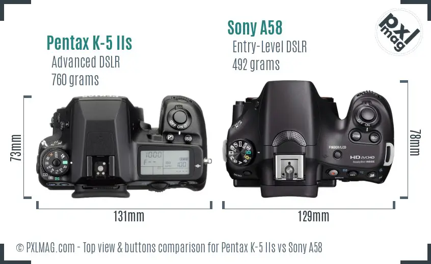 Pentax K-5 IIs vs Sony A58 top view buttons comparison Pentax K-5 IIs vs Sony A58 top view buttons comparison
