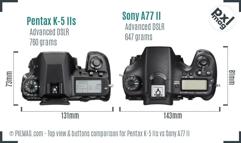 Pentax K-5 IIs vs Sony A77 II top view buttons comparison