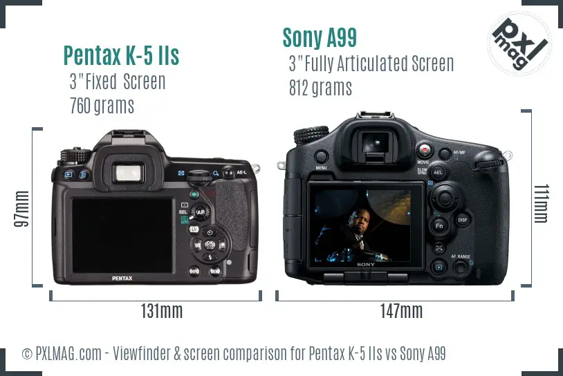 Pentax K-5 IIs vs Sony A99 Screen and Viewfinder comparison
