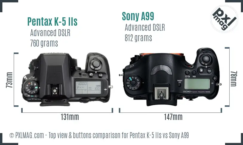 Pentax K-5 IIs vs Sony A99 top view buttons comparison