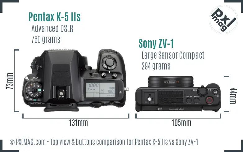 Pentax K-5 IIs vs Sony ZV-1 top view buttons comparison