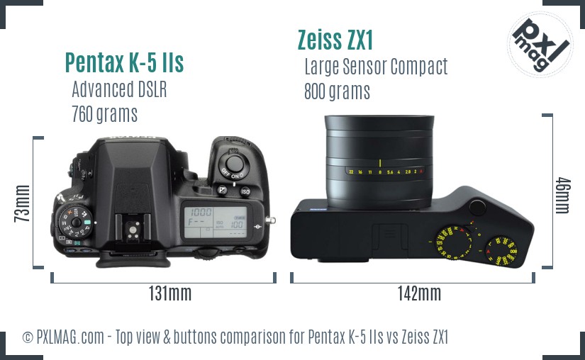 Pentax K-5 IIs vs Zeiss ZX1 top view buttons comparison