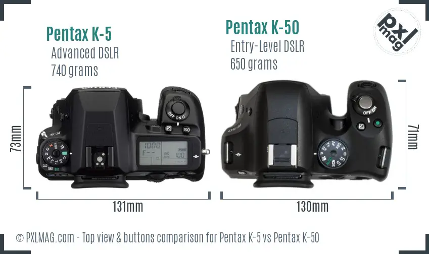 Pentax K-5 vs Pentax K-50 top view buttons comparison