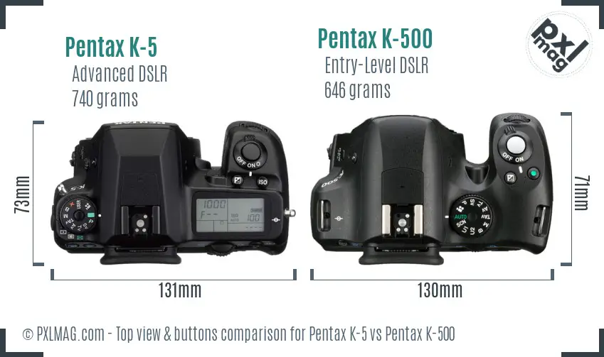 Pentax K-5 vs Pentax K-500 top view buttons comparison