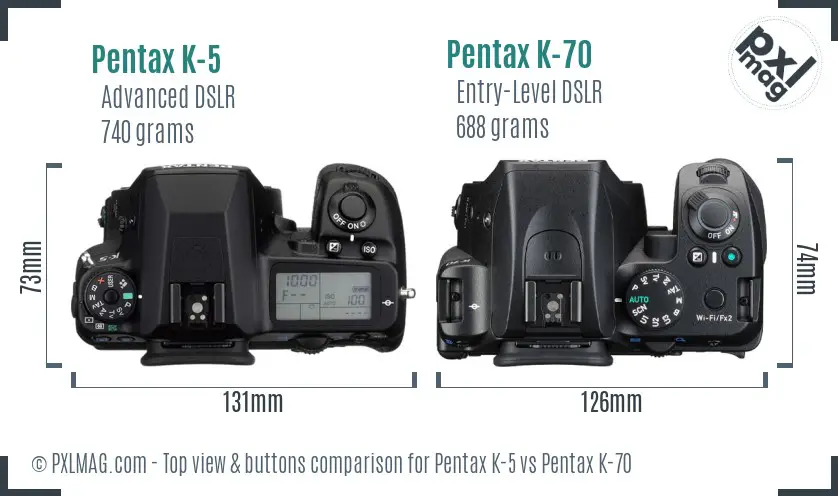 Pentax K-5 vs Pentax K-70 top view buttons comparison