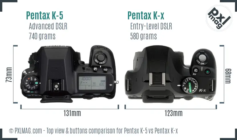Pentax K-5 vs Pentax K-x top view buttons comparison