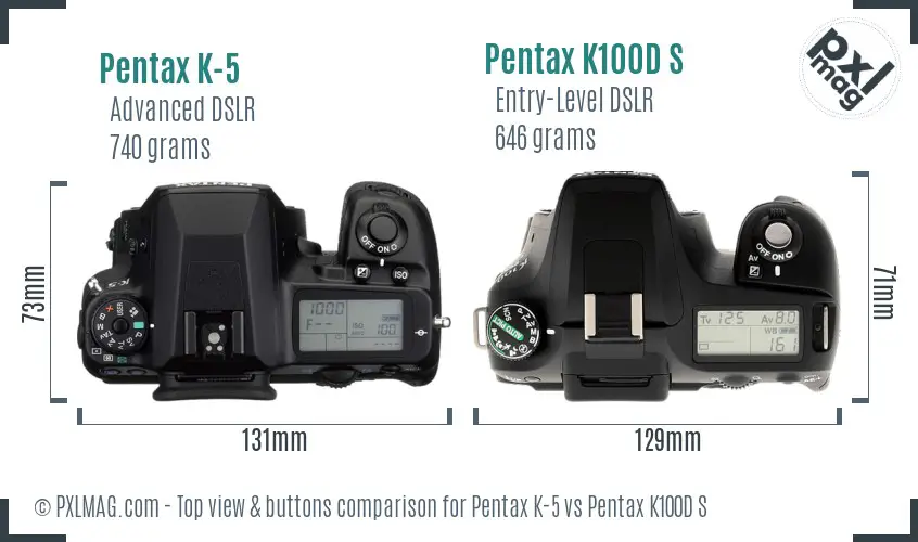 Pentax K-5 vs Pentax K100D S top view buttons comparison