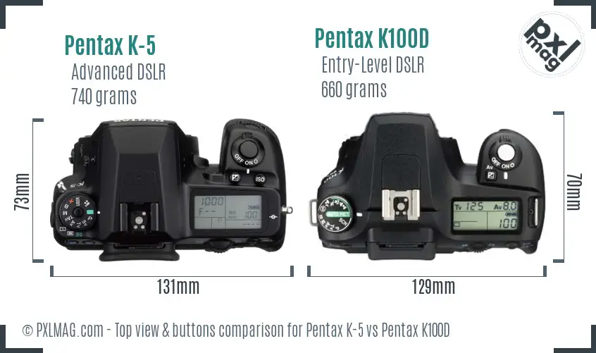Pentax K-5 vs Pentax K100D top view buttons comparison