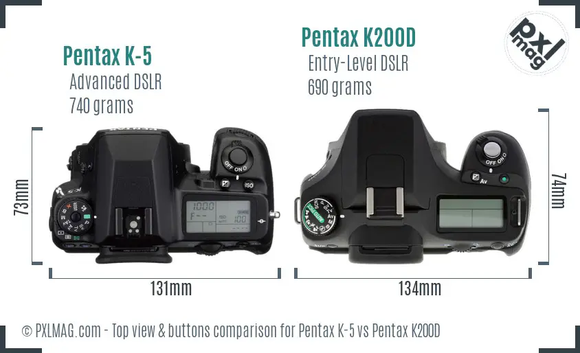 Pentax K-5 vs Pentax K200D top view buttons comparison