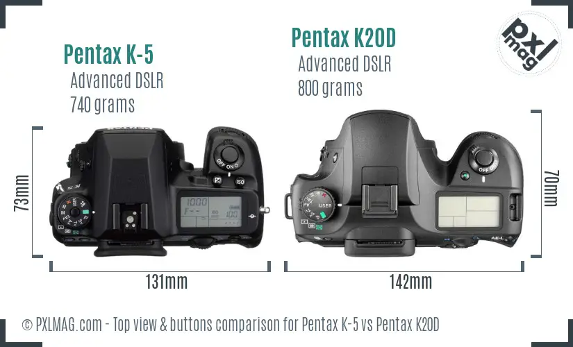 Pentax K-5 vs Pentax K20D top view buttons comparison