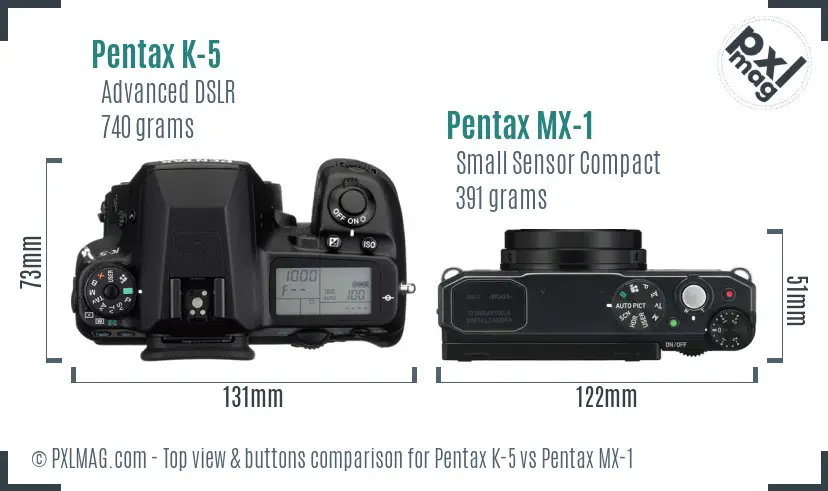 Pentax K-5 vs Pentax MX-1 top view buttons comparison