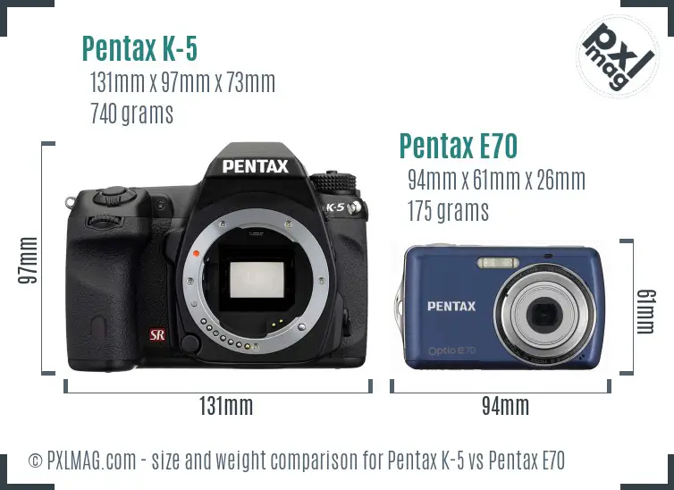 Pentax K-5 vs Pentax E70 size comparison