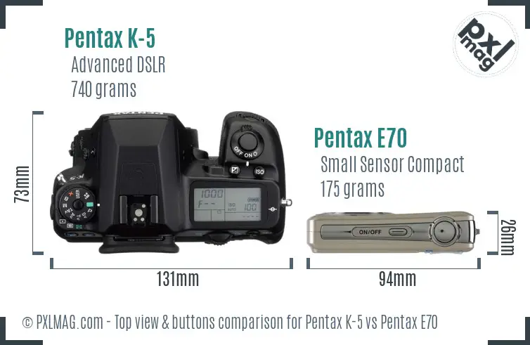 Pentax K-5 vs Pentax E70 top view buttons comparison