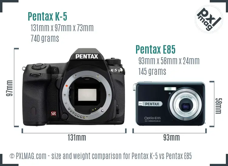 Pentax K-5 vs Pentax E85 size comparison