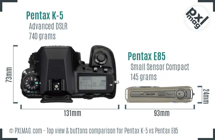 Pentax K-5 vs Pentax E85 top view buttons comparison