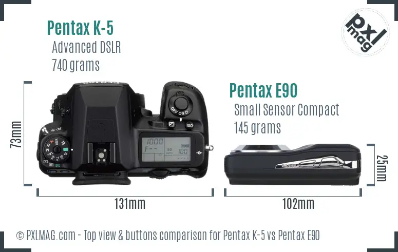 Pentax K-5 vs Pentax E90 top view buttons comparison