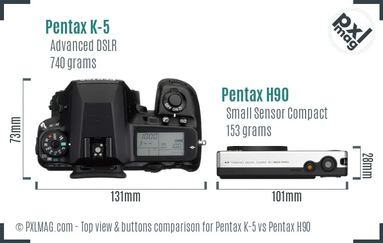 Pentax K-5 vs Pentax H90 top view buttons comparison