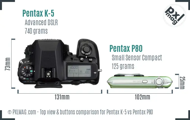 Pentax K-5 vs Pentax P80 top view buttons comparison