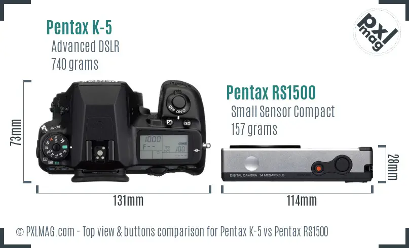 Pentax K-5 vs Pentax RS1500 top view buttons comparison