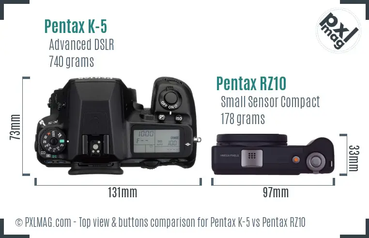 Pentax K-5 vs Pentax RZ10 top view buttons comparison