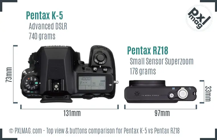 Pentax K-5 vs Pentax RZ18 top view buttons comparison