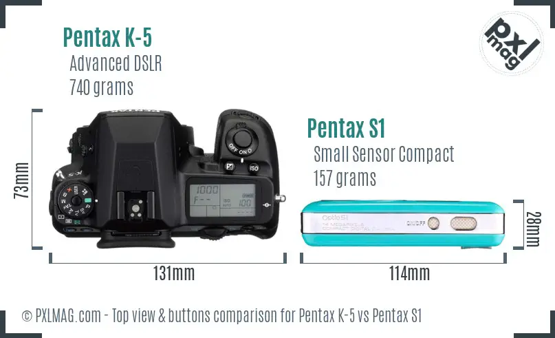 Pentax K-5 vs Pentax S1 top view buttons comparison