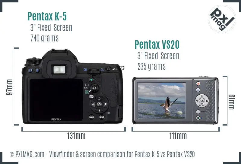 Pentax K-5 vs Pentax VS20 Screen and Viewfinder comparison