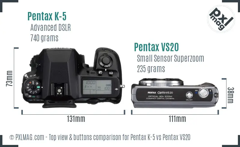 Pentax K-5 vs Pentax VS20 top view buttons comparison