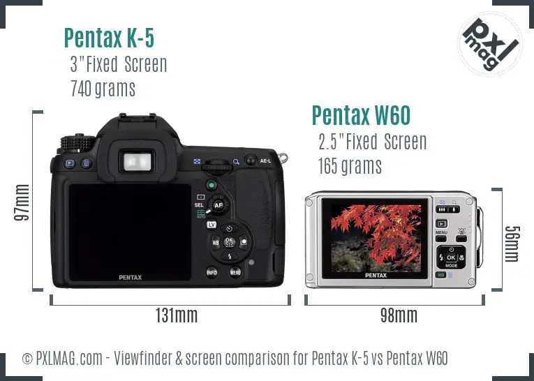 Pentax K-5 vs Pentax W60 Screen and Viewfinder comparison