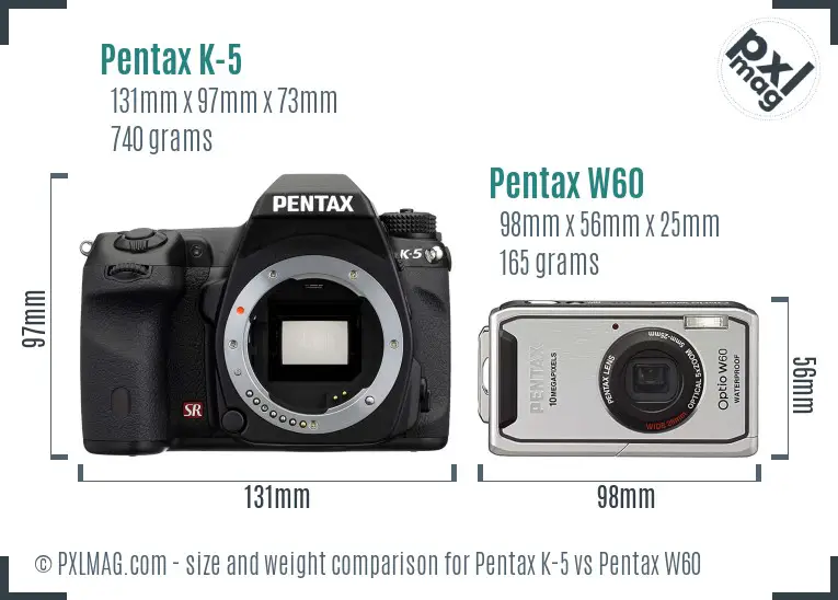 Pentax K-5 vs Pentax W60 size comparison
