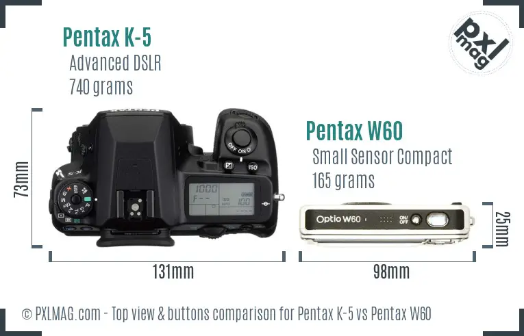 Pentax K-5 vs Pentax W60 top view buttons comparison