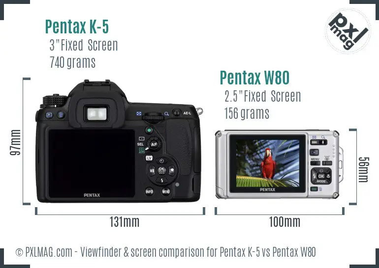 Pentax K-5 vs Pentax W80 Screen and Viewfinder comparison