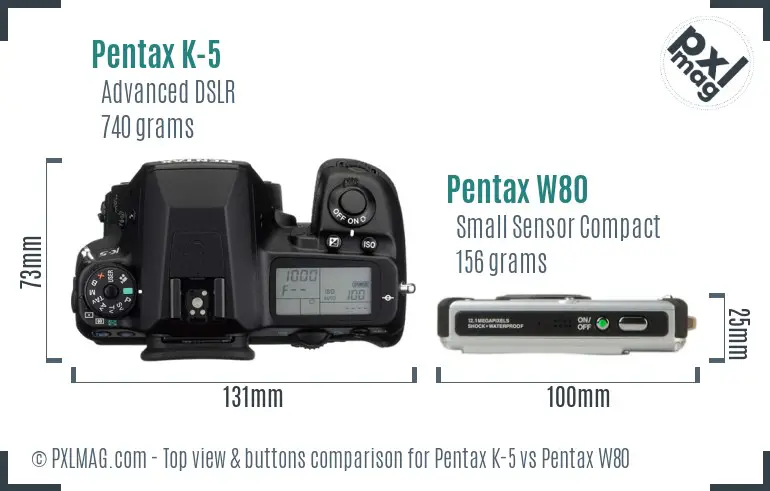 Pentax K-5 vs Pentax W80 top view buttons comparison
