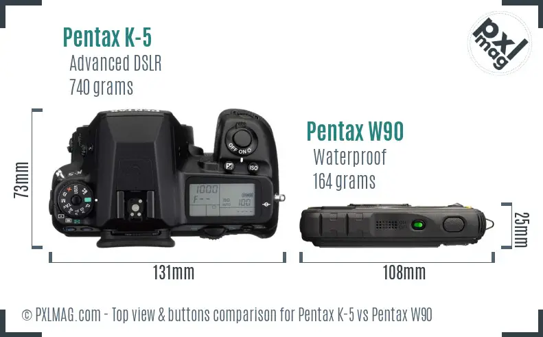 Pentax K-5 vs Pentax W90 top view buttons comparison