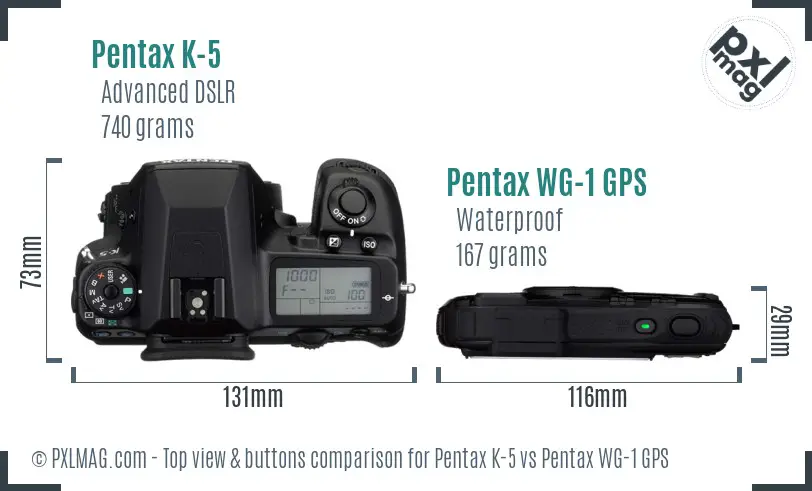 Pentax K-5 vs Pentax WG-1 GPS top view buttons comparison