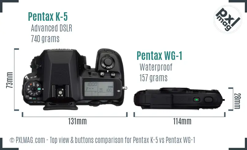 Pentax K-5 vs Pentax WG-1 top view buttons comparison