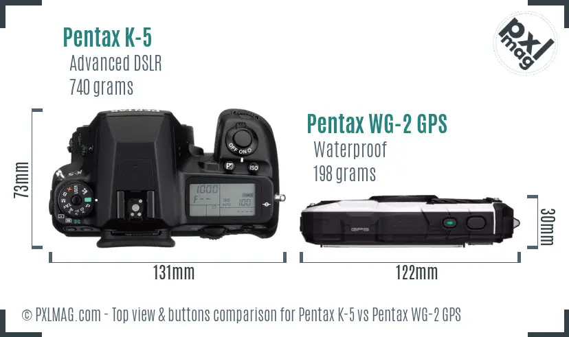 Pentax K-5 vs Pentax WG-2 GPS top view buttons comparison