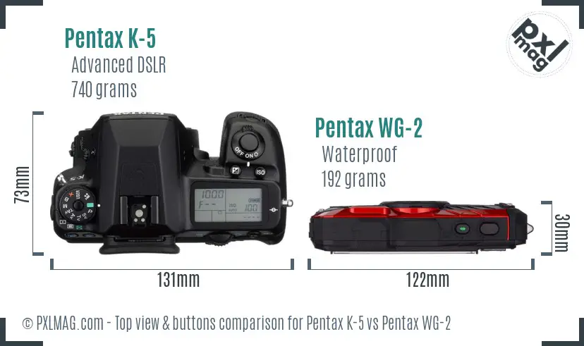 Pentax K-5 vs Pentax WG-2 top view buttons comparison