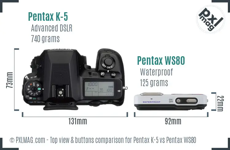 Pentax K-5 vs Pentax WS80 top view buttons comparison