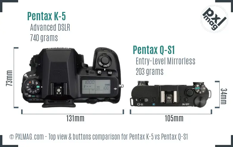 Pentax K-5 vs Pentax Q-S1 top view buttons comparison